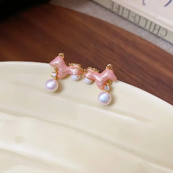 60# silver needle zircon pearl pony earrings (real gold plating),tkmbeautysupply.com