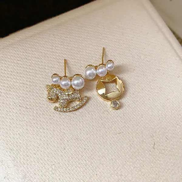 61# silver needle pearl zircon asymmetric round hollow pony (real gold plating),tkmbeautysupply.com
