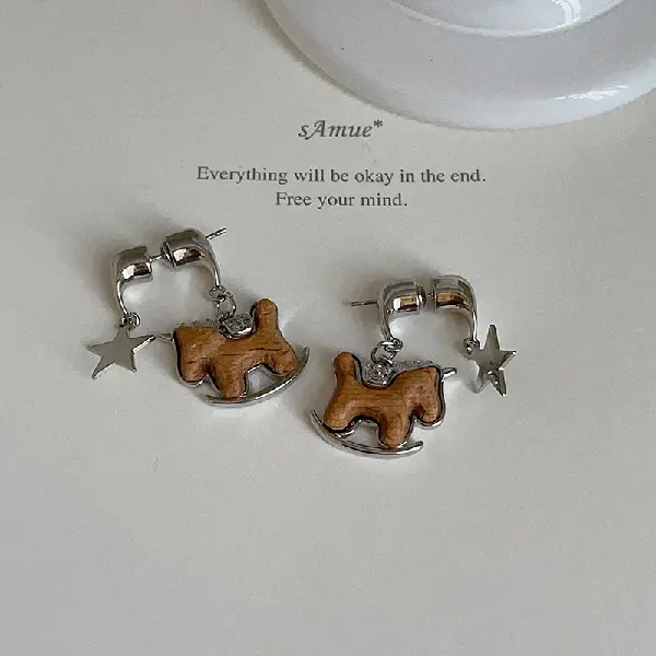 63# silver needle wood pony star pearl earrings,tkmbeautysupply.com