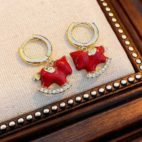 72# Earrings-Zircon Oil-Drip Pony (Real Gold Plating),tkmbeautysupply.com