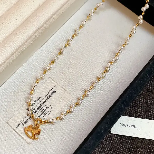 96## Necklace-Pearl Beaded Pony (Real Gold Plating),tkmbeautysupply.com