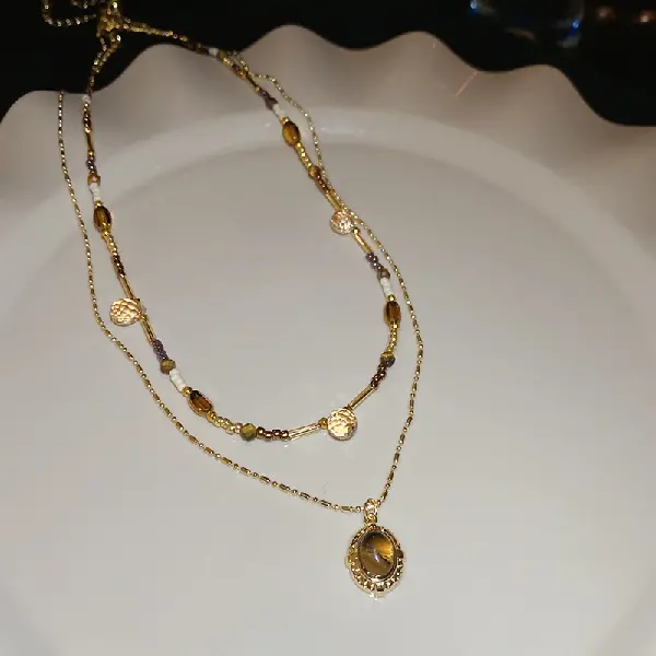 Oval tiger eye stone rice bead necklace (two-piece set with real gold plating),tkmbeautysupply.com