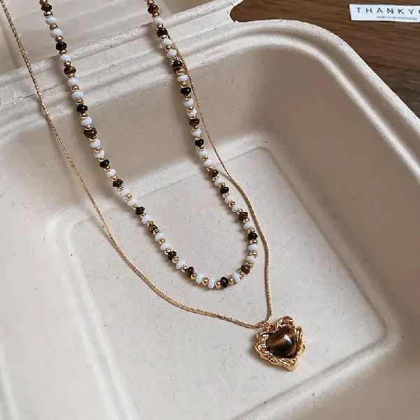 Love Tiger Eye Stone Rice Beads Necklace (Set of Two Real Gold Plating),tkmbeautysupply.com