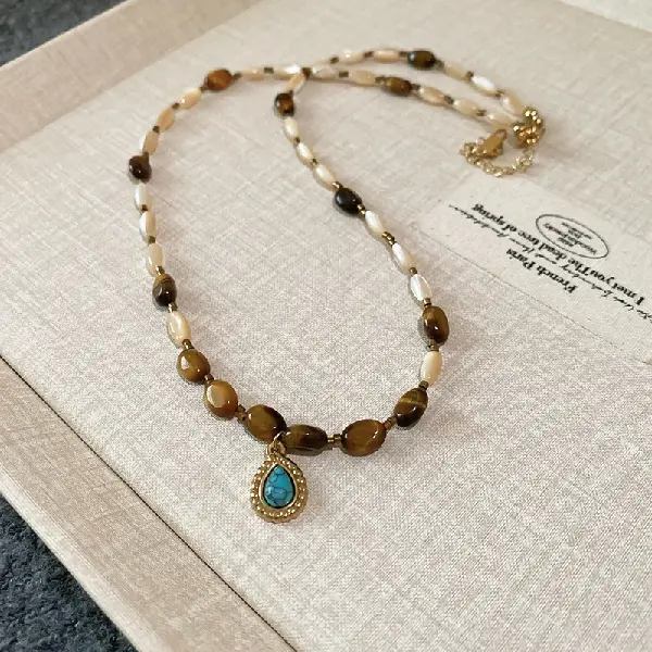 Oval tiger eye stone drop pendant necklace,tkmbeautysupply.com