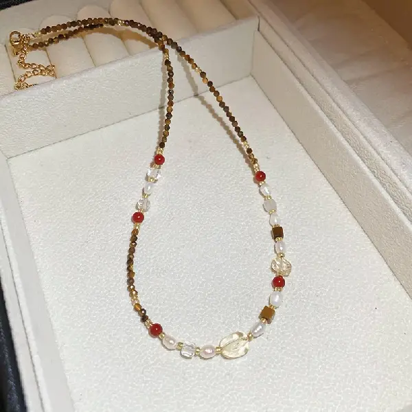 Titanium Steel Freshwater Pearl Tiger Eye Necklace,tkmbeautysupply.com
