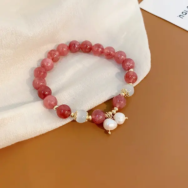 8# Strawberry Crystal Gourd Baroque Pearl Jade Cat’s Eye Jade Stretch Bracelet,tkmbeautysupply.com