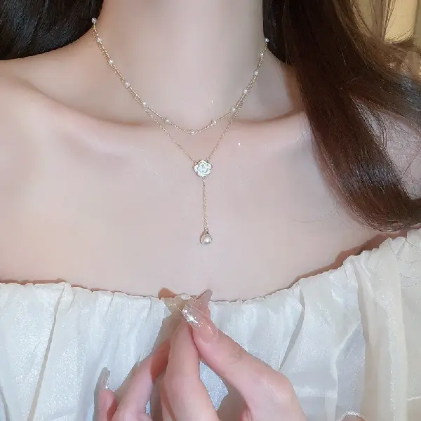 30# Necklace-Golden Pearl Camellia Flower Double Layer,tkmbeautysupply.com