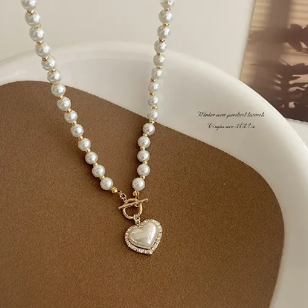 31#Pearl Love T-shaped Buckle Necklace,tkmbeautysupply.com