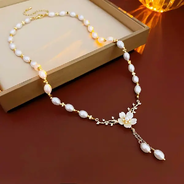 42# Pearl Flower Zircon Tassel Necklace,tkmbeautysupply.com