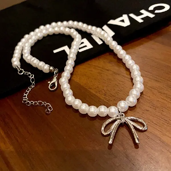 43# Bow Pearl Necklace,tkmbeautysupply.com