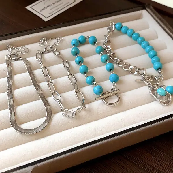 Beaded Turquoise Blade Chain Bracelet (Set of Four),tkmbeautysupply.com