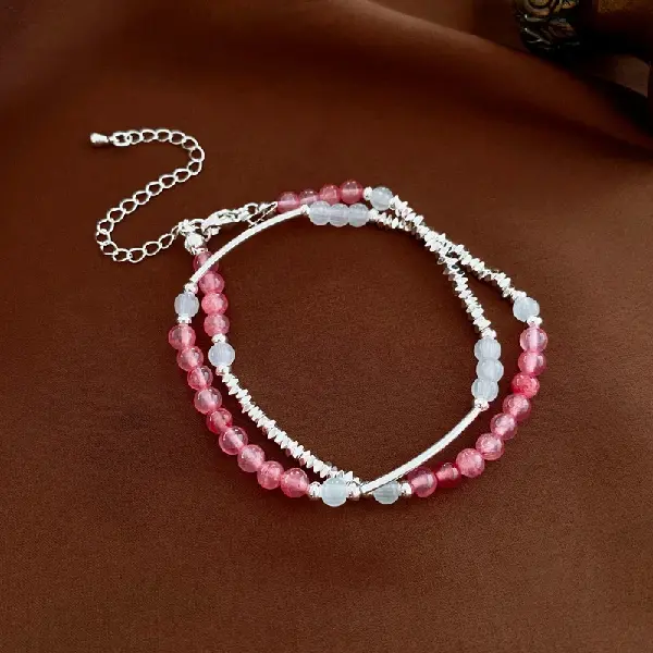 Strawberry crystal crushed silver beaded bracelet,tkmbeautysupply.com