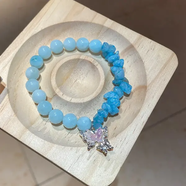 Butterfly Diamond Aquamarine Beaded Colored Stone Bracelet,tkmbeautysupply.com