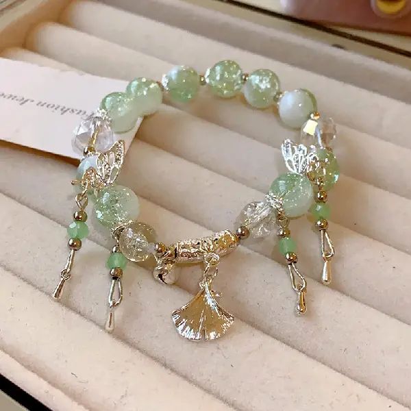 Butterfly Ginkgo Leaf Bell Crystal Beaded Bracelet,tkmbeautysupply.com