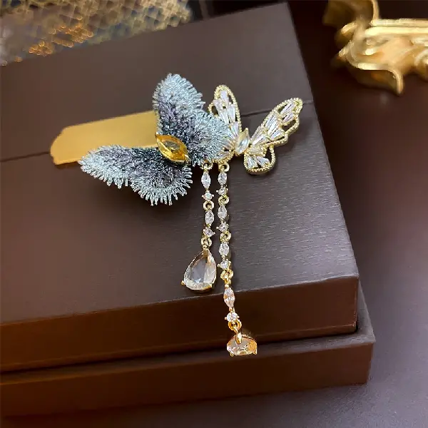 Zircon Butterfly Tassel Brooch Blue,tkmbeautysupply.com