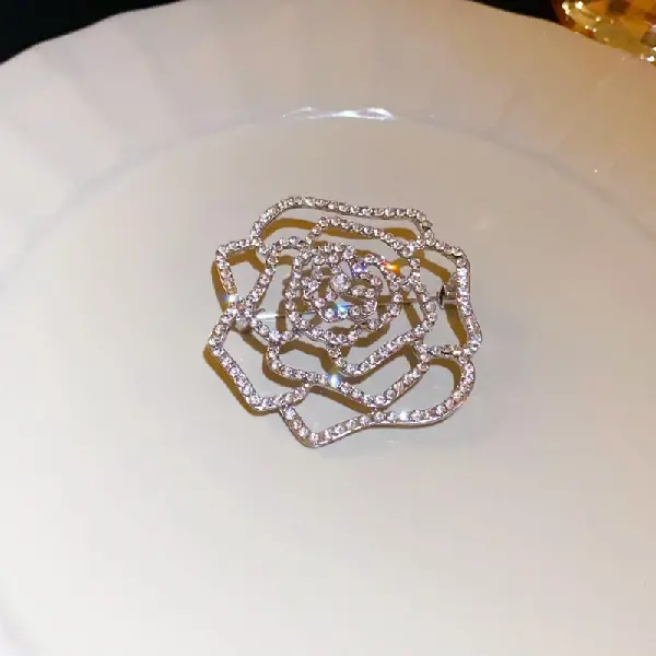 Silver-Diamond Hollow Flower Brooch,tkmbeautysupply.com
