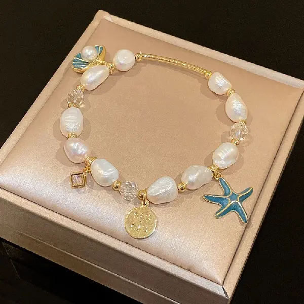 Starfish Shell Alphabet Zircon Square Crystal Freshwater Pearl Bracelet,tkmbeautysupply.com