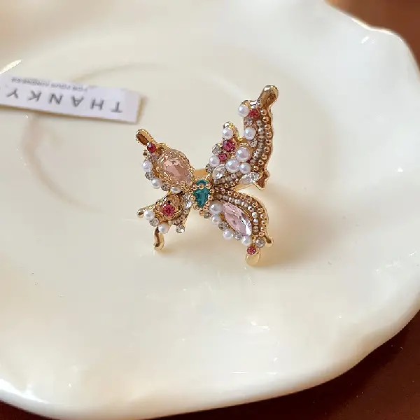33# Diamond Pearl Drop Shape Butterfly Ring,tkmbeautysupply.com