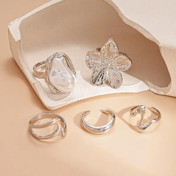 28# Pearl Flower Open Ring (Set of Five),tkmbeautysupply.com