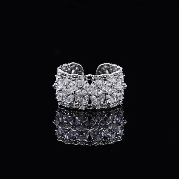 13# Silver-Zircon Flower Open Ring,tkmbeautysupply.com