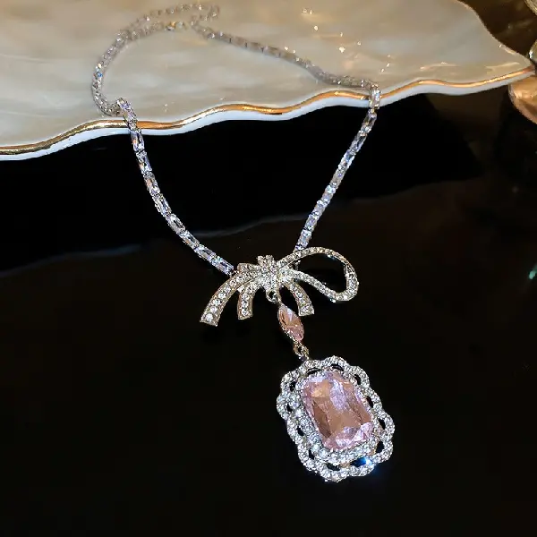 8# necklace-diamond crystal rhinestone zircon square bow,tkmbeautysupply.com