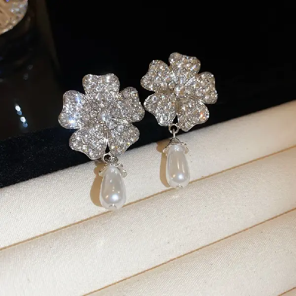 13# silver needle-flower inlaid with diamonds and drop pearls,tkmbeautysupply.com