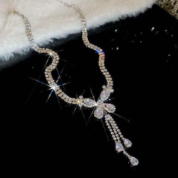 31# Necklace-Zircon Double Layer Butterfly Drop Tassel,tkmbeautysupply.com