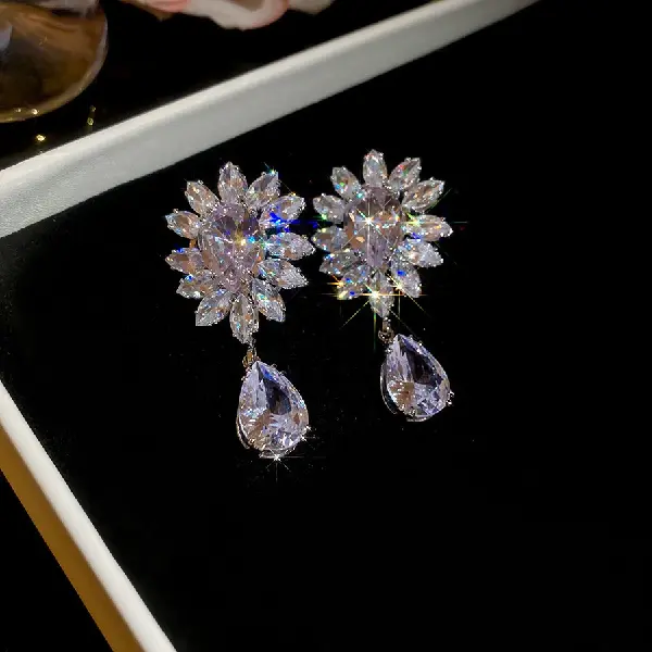 34# Silver Needle-Zircon Water Drop Flower,tkmbeautysupply.com