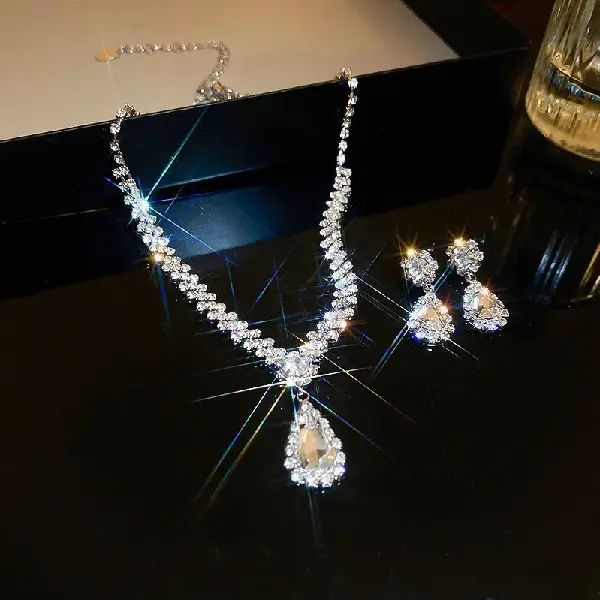 38# necklace earrings-diamond cross drop V-shaped tassel two-piece set,tkmbeautysupply.com