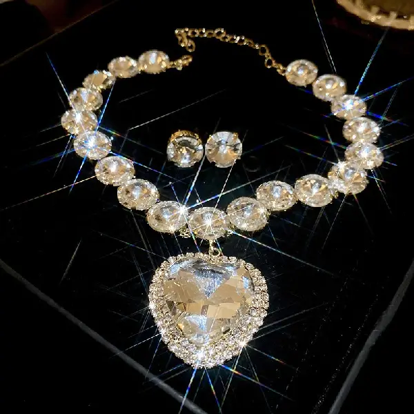 42# Necklace and Earrings-Exaggerated Love Set with Diamonds (Set of Two),tkmbeautysupply.com