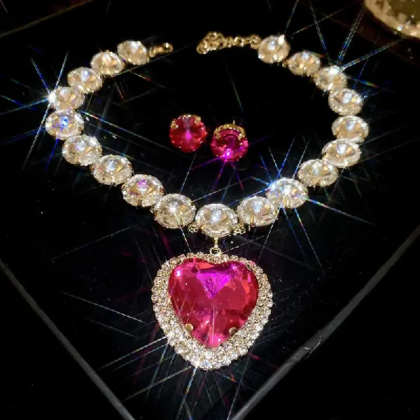43# Necklace and Earrings-Exaggerated Love Set with Diamonds (Set of Two),tkmbeautysupply.com