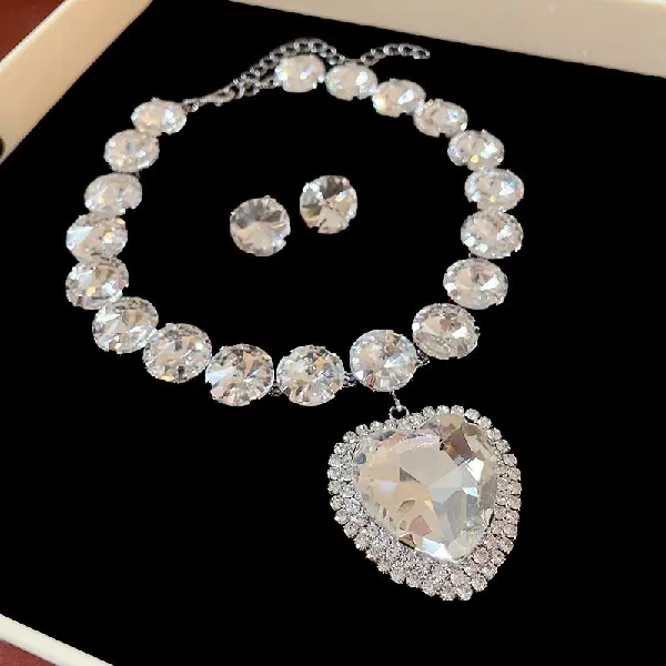44# Necklace and Earrings-Exaggerated Love Set with Diamonds (Set of Two),tkmbeautysupply.com