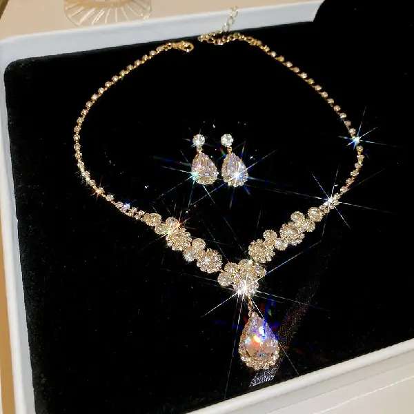 47# necklace earrings-water drop zircon set with diamonds (set of two),tkmbeautysupply.com