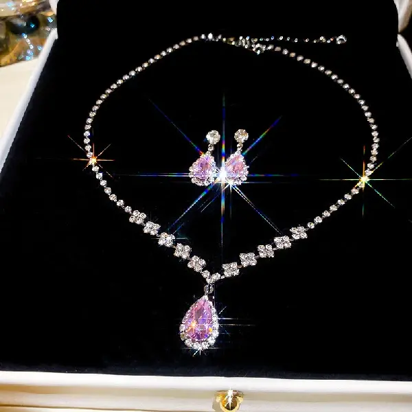 49# necklace earrings-water drop zircon square diamond (set of two),tkmbeautysupply.com