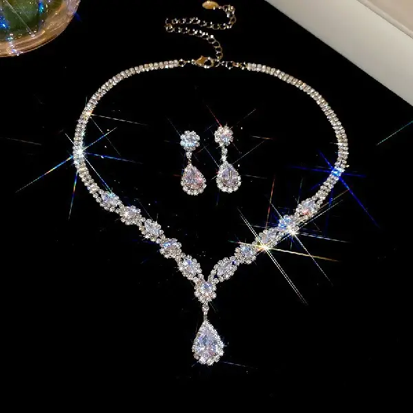 50# necklace earrings-copper zircon water drop pendant (set of two),tkmbeautysupply.com