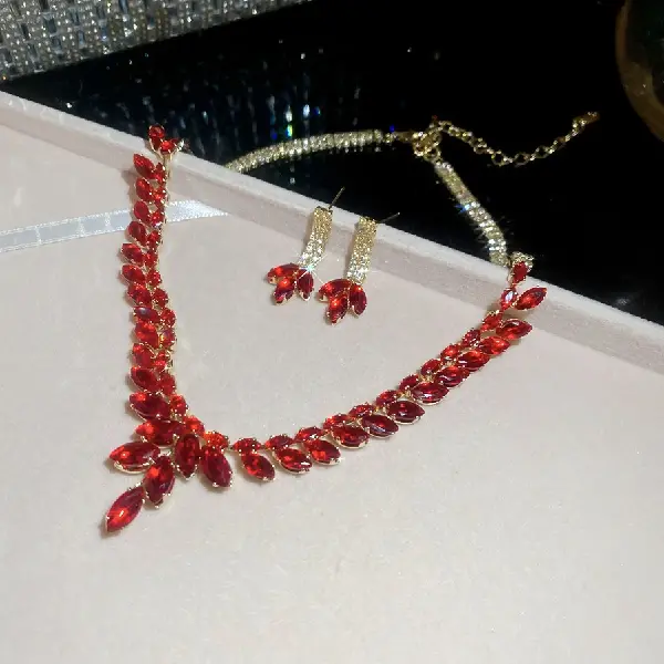 57# necklace earrings-zircon wheat ear tassel-gold-red (set of two),tkmbeautysupply.com