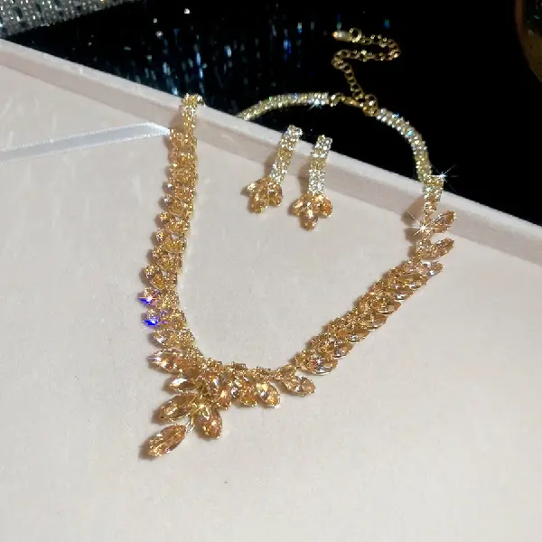 58# necklace earrings-zircon wheat ear tassel-gold-champagne color (set of two),tkmbeautysupply.com