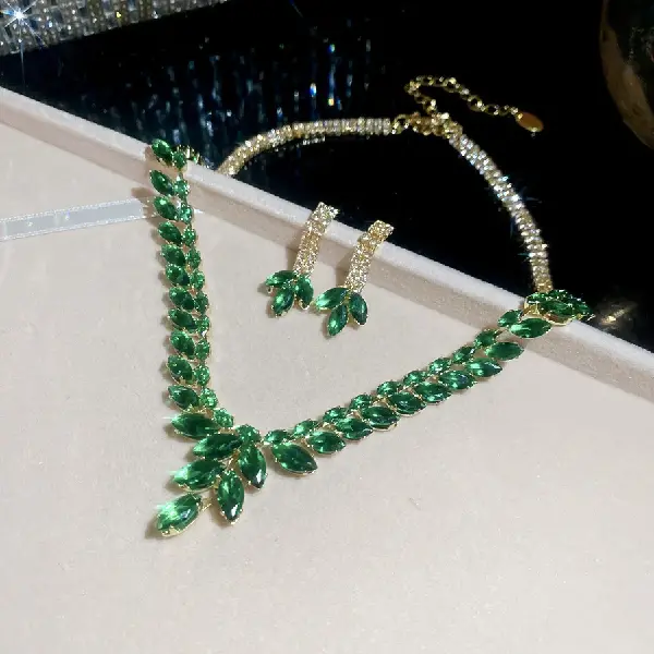 59# necklace earrings-zircon wheat ear tassel-gold-green (set of two),tkmbeautysupply.com