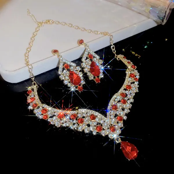 61# Necklace Studs-Diamond Drops-Gold-Red (Set of Two),tkmbeautysupply.com