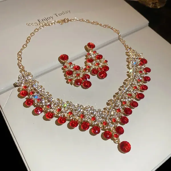 62# necklace earrings-diamond round-gold-red (set of two),tkmbeautysupply.com