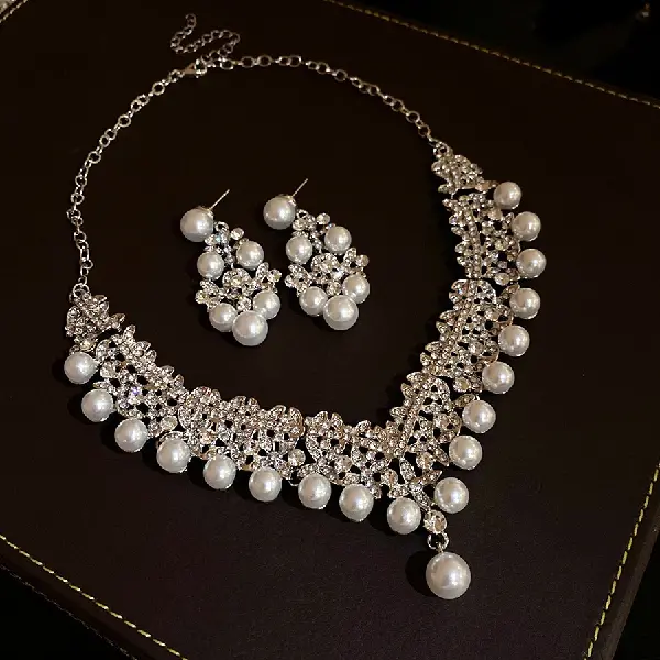 64# necklace earrings-diamond pearl flowers (set of two),tkmbeautysupply.com