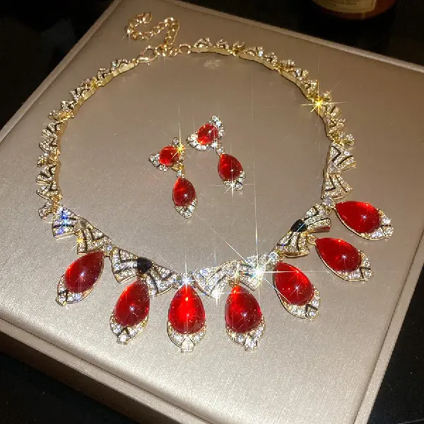 65# Necklace Studs-Diamond Resin Bow Drops-Red-Gold (Set of Two),tkmbeautysupply.com